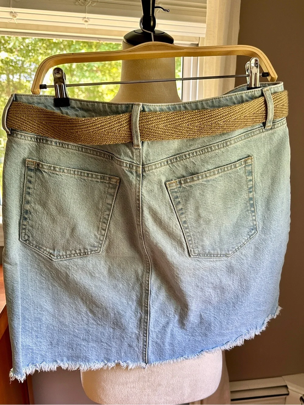 LOFT Light Blue Denim A-Line Skirt with Tan Woven Belt